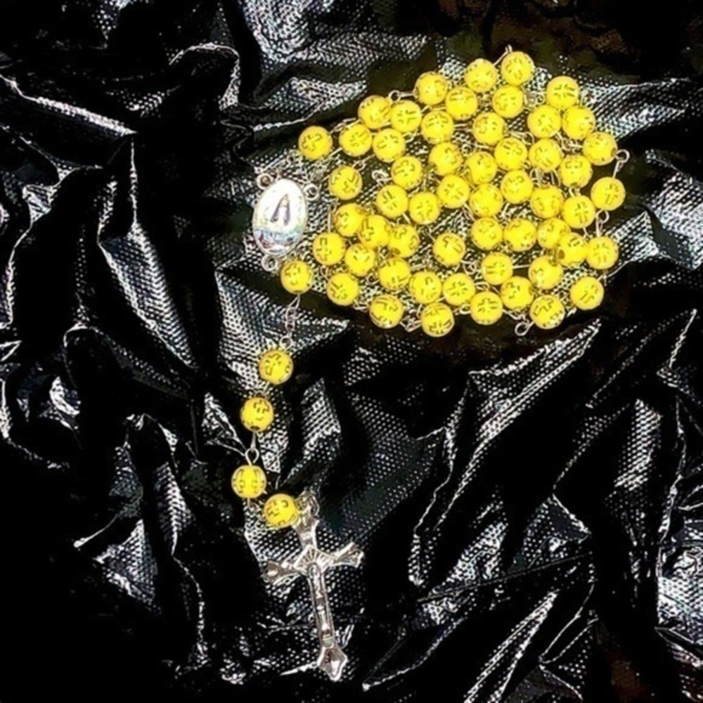 yellow rosery with silver cross embellished beads